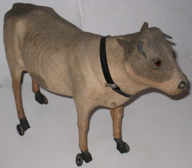 Papier Mache Felt Bull Folk Art Pull Toy
