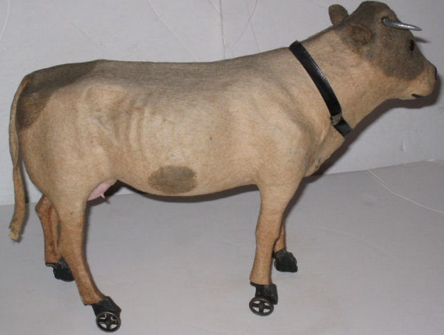 Papier Mache Felt Bull Folk Art Pull Toy