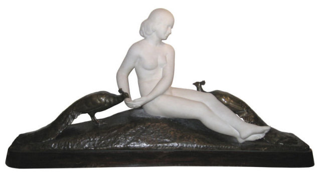 Marble & Bronze Female Peacock Sculpture by Frilli & Gori