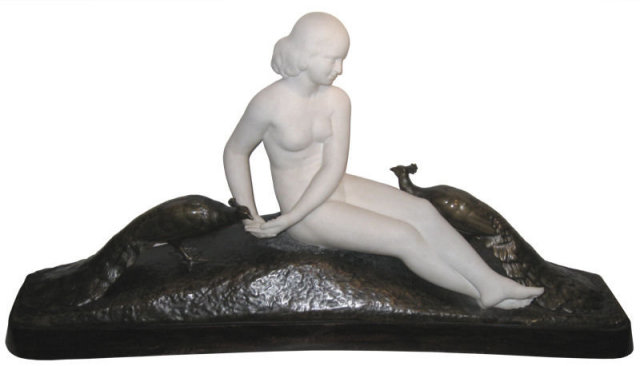 Marble & Bronze Female Peacock Sculpture by Frilli & Gori