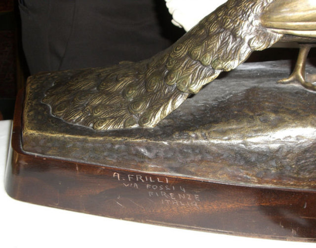 Marble & Bronze Female Peacock Sculpture by Frilli & Gori