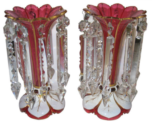 Pair of Moser White Red Cased Glass Lustres