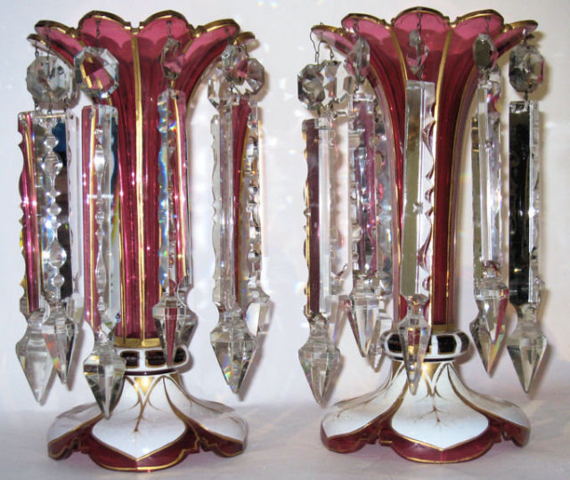 Pair of Moser White Red Cased Glass Lustres