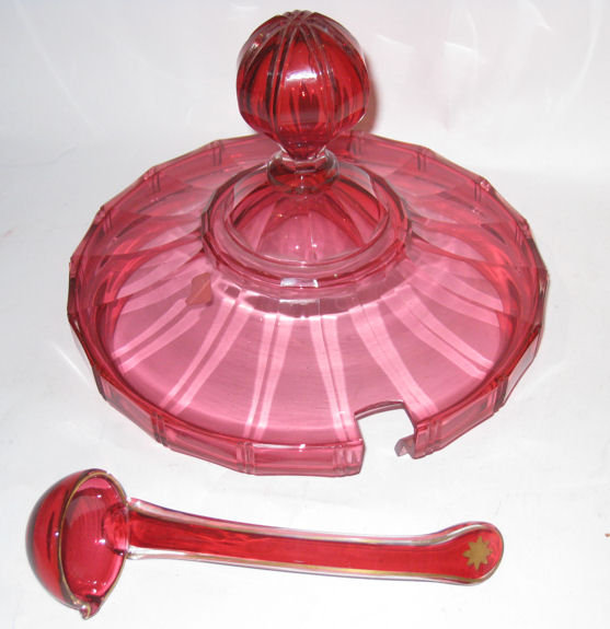 Antique Bohemian Ruby Red Glass Punchbowl & Ladle