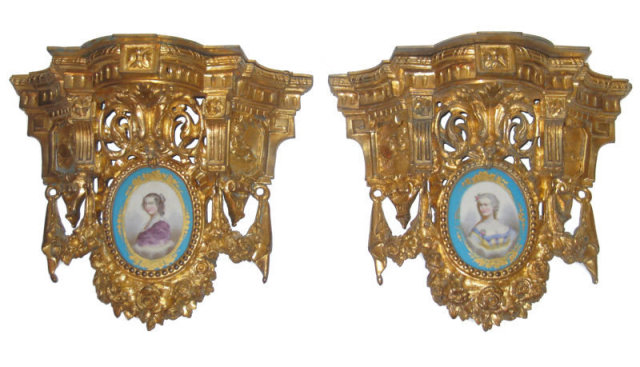 Pair Antique French Ormolu Bronze & Porcelain Brackets