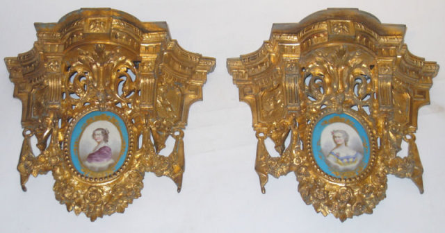 Pair Antique French Ormolu Bronze & Porcelain Brackets