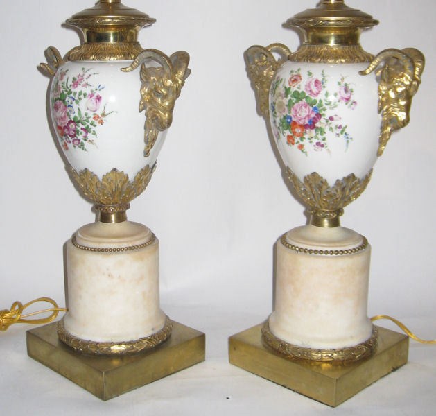 Pair Antique Floral Porcelain & Marble Table Lamps
