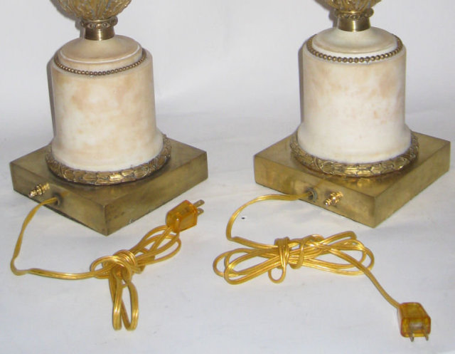 Pair Antique Floral Porcelain & Marble Table Lamps