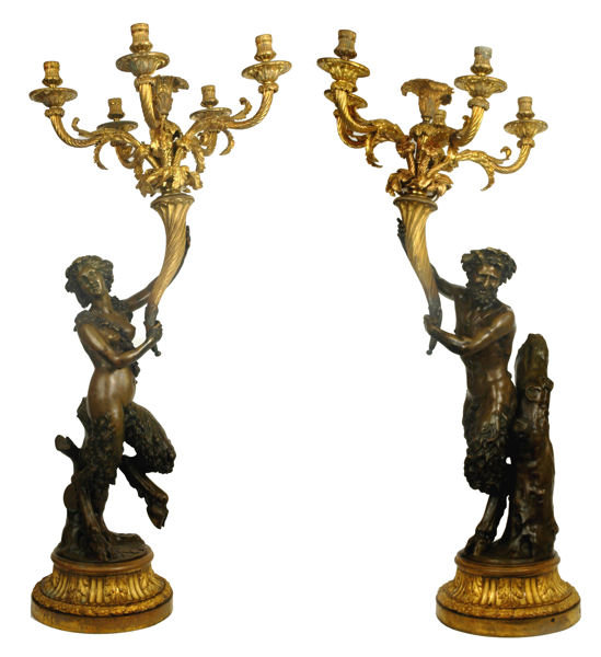 Pair Tall Antique Greek Satyr Figural Bronze Candelabra After Clodion