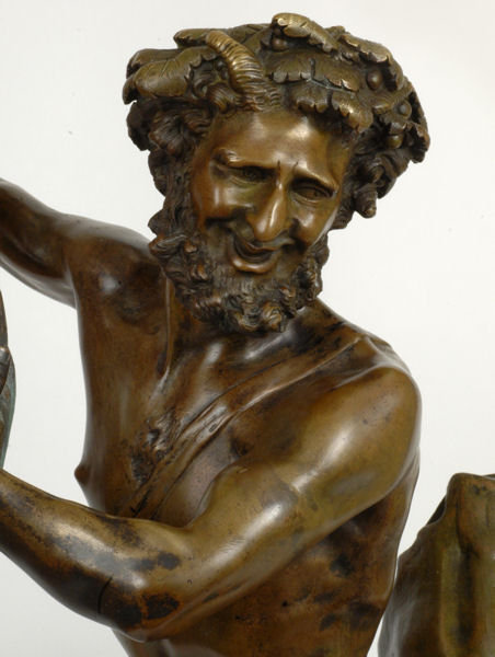 Pair Tall Antique Greek Satyr Figural Bronze Candelabra After Clodion