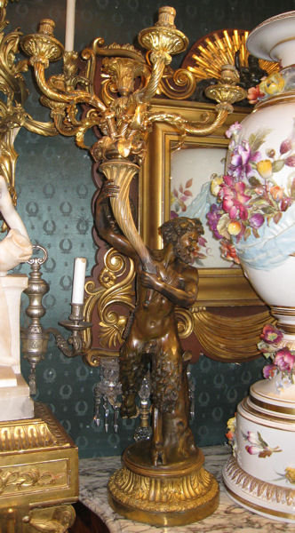 Pair Tall Antique Greek Satyr Figural Bronze Candelabra After Clodion