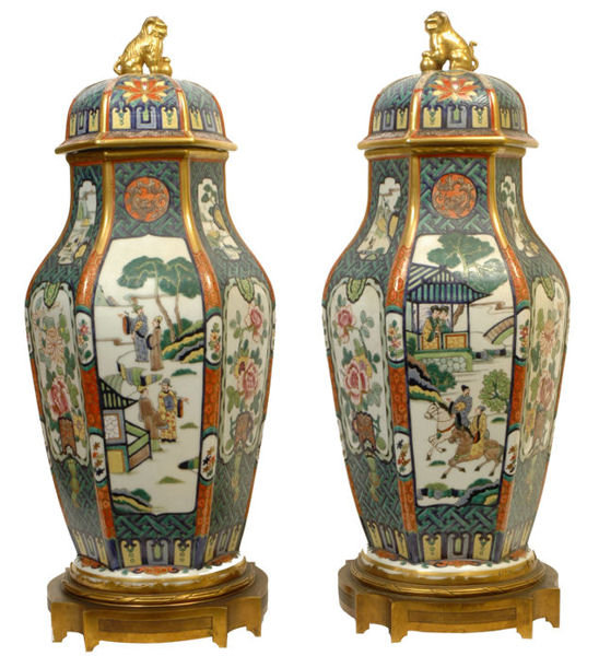 Pair Large Chinese Famille Verte Porcelain Bronze Mounted Urns