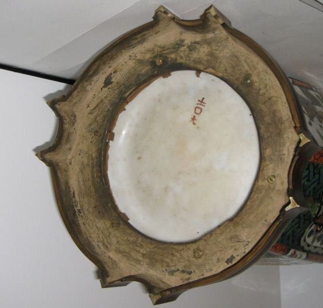 Pair Large Chinese Famille Verte Porcelain Bronze Mounted Urns