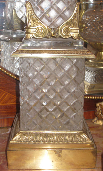 Pair Tall Antique French Empire Style Ormolu Metal & Cut Crystal Obelisks