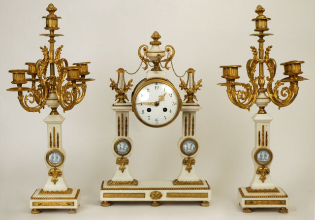 Antique Louis XVI Style Marble Bronze Clock Garniture