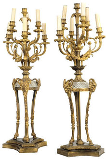 Pair Antique Regency Style Bronze & Crystal Candelabras