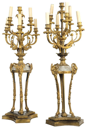Pair Antique Regency Style Bronze & Crystal Candelabras