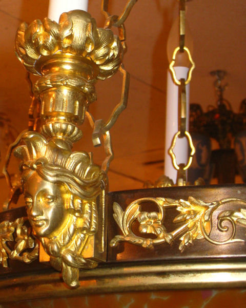 Empire Style Bronze Colored Glass Coupe Chandelier