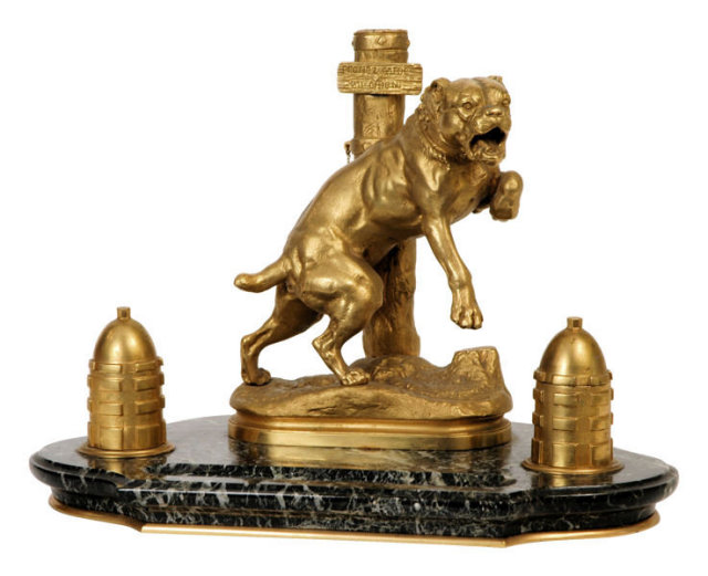 Antique Bronze & Marble Mastiff Dog Ink Well by Valton
