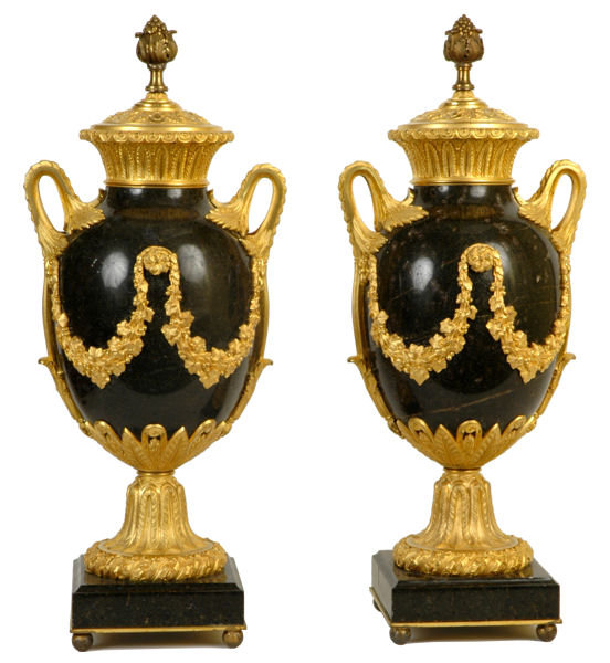 Pair Antique Neoclassical Marble & Ormolu Bronze Urns