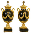 Pair Antique Neoclassical Marble & Ormolu Bronze Urns