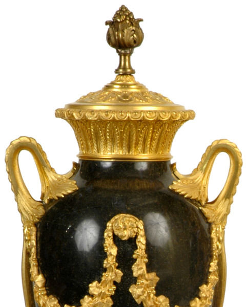 Pair Antique Neoclassical Marble & Ormolu Bronze Urns