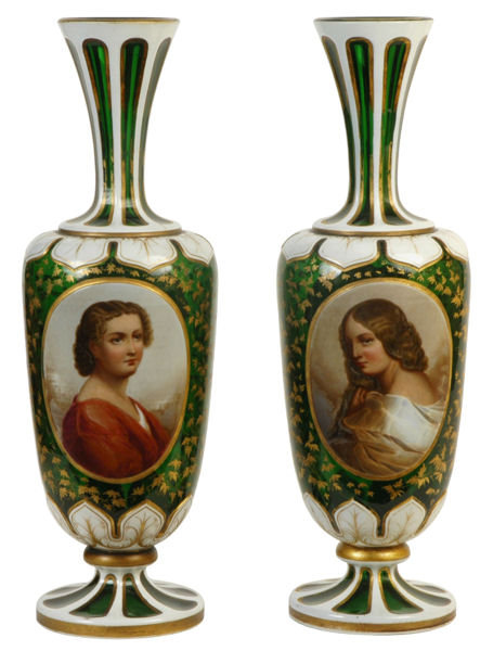 Pair Antique Moser Bohemian Glass Portrait Vases