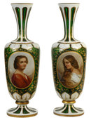 Pair Antique Moser Bohemian Glass Portrait Vases