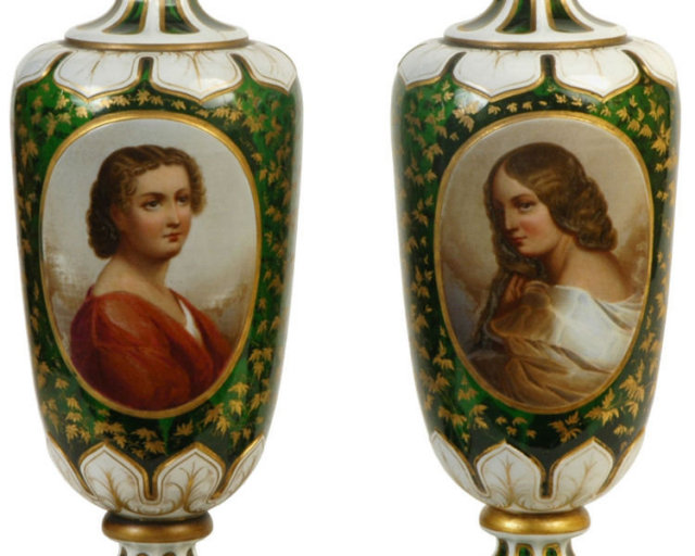 Pair Antique Moser Bohemian Glass Portrait Vases