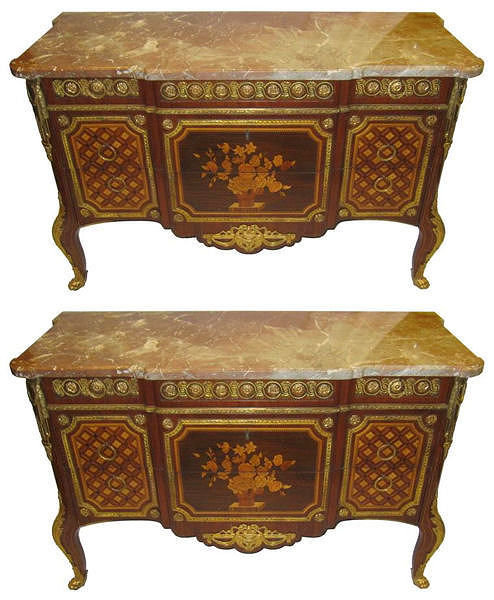 Pair of French Louis XV XVI Style Commodes or Side Cabinets