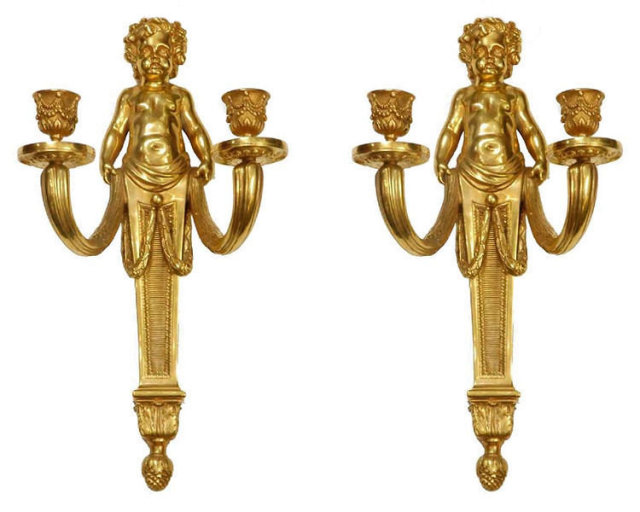 Pair Dore Bronze Cherub Putti Louis XV Style Sconces