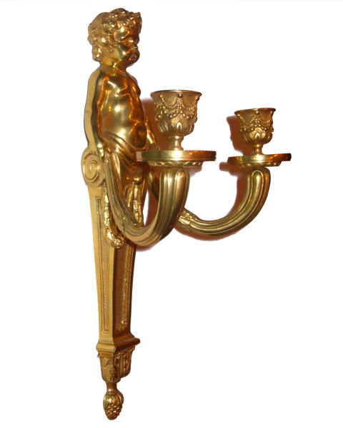 Pair Dore Bronze Cherub Putti Louis XV Style Sconces
