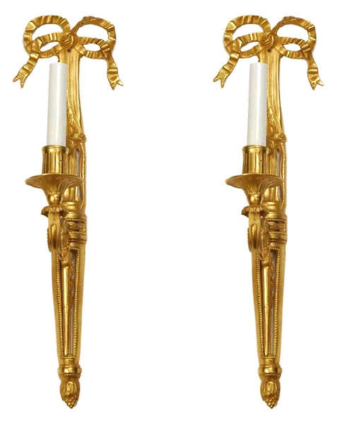 Pair Dore Bronze Louis XVI Style Ribbon Motif Sconces