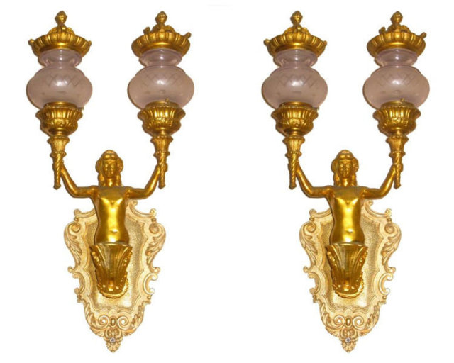 Pair Neoclassical Gilt Bronze Figural 2-Candle Sconces