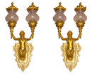 Pair Neoclassical Gilt Bronze Figural 2-Candle Sconces