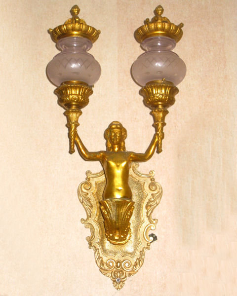 Pair Neoclassical Gilt Bronze Figural 2-Candle Sconces