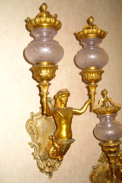 Pair Neoclassical Gilt Bronze Figural 2-Candle Sconces