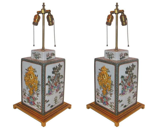 Pair Chinese Famille Verte Porcelain Table Lamps