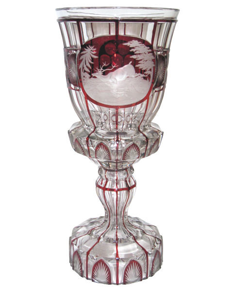 Bohemian Stag Motif Engraved Clear & Ruby Glass Goblet
