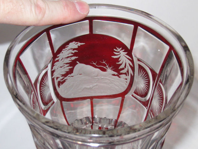 Bohemian Stag Motif Engraved Clear & Ruby Glass Goblet
