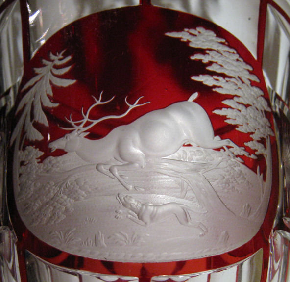 Bohemian Stag Motif Engraved Clear & Ruby Glass Goblet