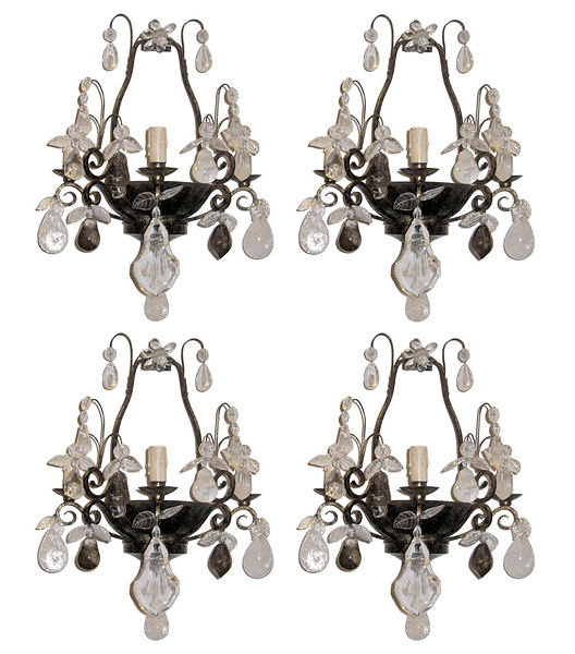 Set 4 French Bagues Style Tole Metal & Rock Crystal Sconces