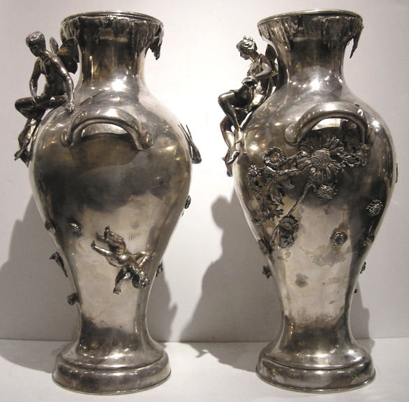 Mythological Cupid & Psyche Figural Silverplated Vases