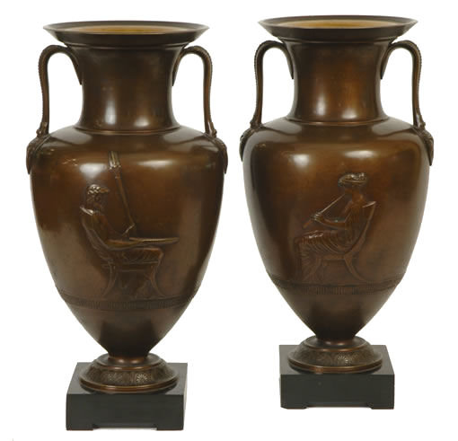 Pair Antique Bronze Greek Revival Amphora Vases Jars