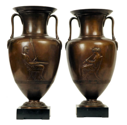 Pair Antique Bronze Greek Revival Amphora Vases Jars