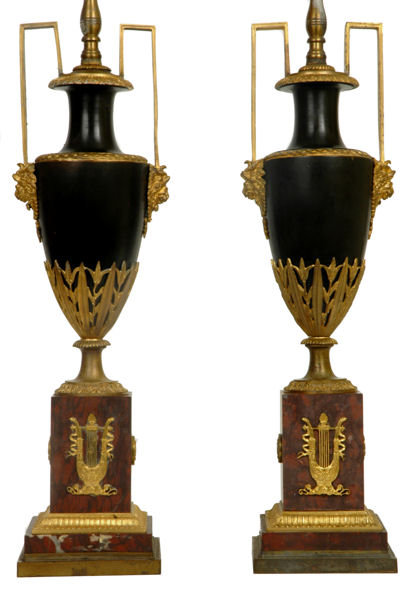 Pair Antique French Empire Ormolu Bronze Urns Vases