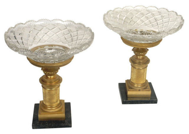 Pair Russian Empire Style Bronze & Cut Glass Tazzas