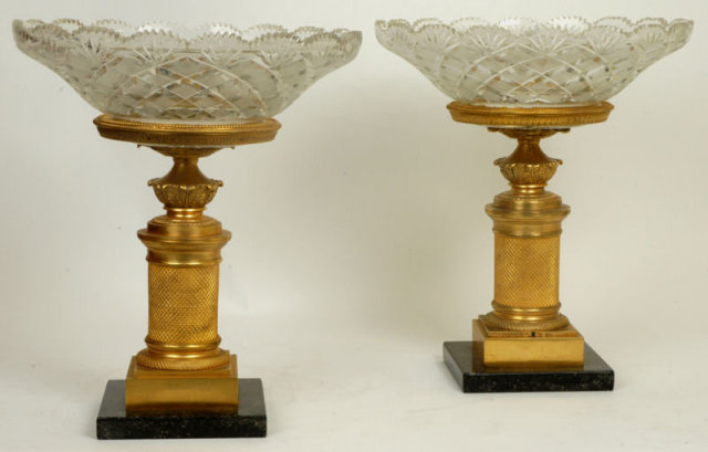 Pair Russian Empire Style Bronze & Cut Glass Tazzas