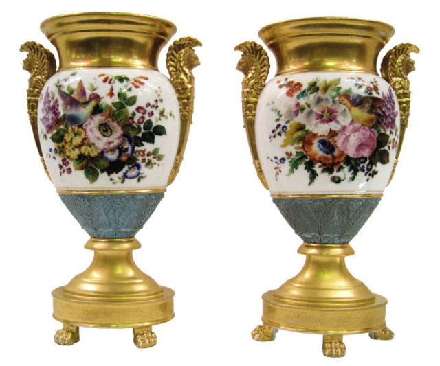 Pair of Exceptional Paris Porcelain Gilded & Floral Painted Vases