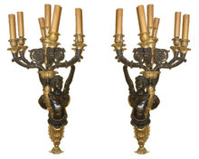 Pair Large Antique Empire Style Figurative Cherub Bronze Candelabra Sconces in Manner of Ravio
